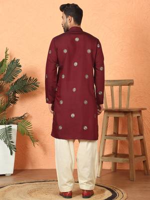 ethnic cotton silk detail daman work animal embroidered maroon kurta 3