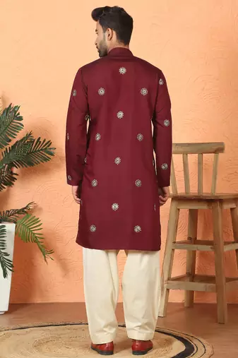 ethnic cotton silk detail daman work animal embroidered maroon kurta