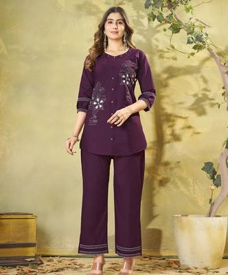 Purple pure cotton embroidered co-ord set 1