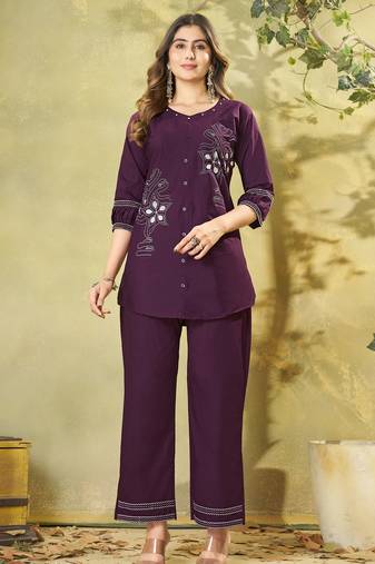 Purple pure cotton embroidered co-ord set