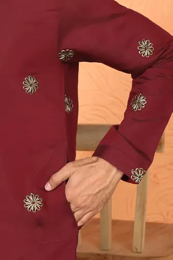 ethnic cotton silk detail daman work animal embroidered maroon kurta