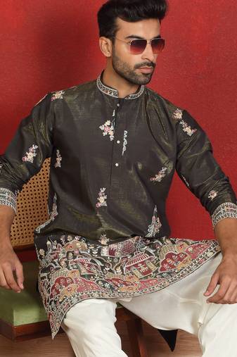 ethnic cotton silk multi embroidered detailed daman work green kurta