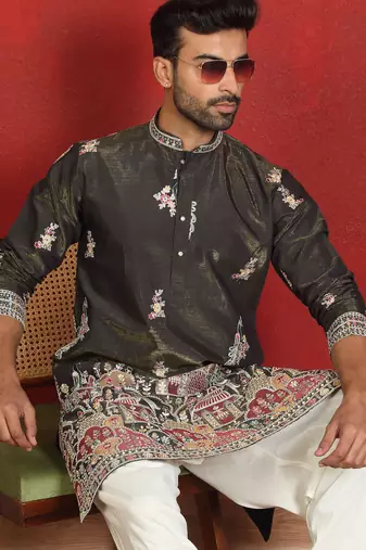 ethnic cotton silk multi embroidered detailed daman work green kurta