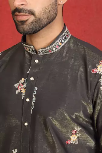 ethnic cotton silk multi embroidered detailed daman work green kurta