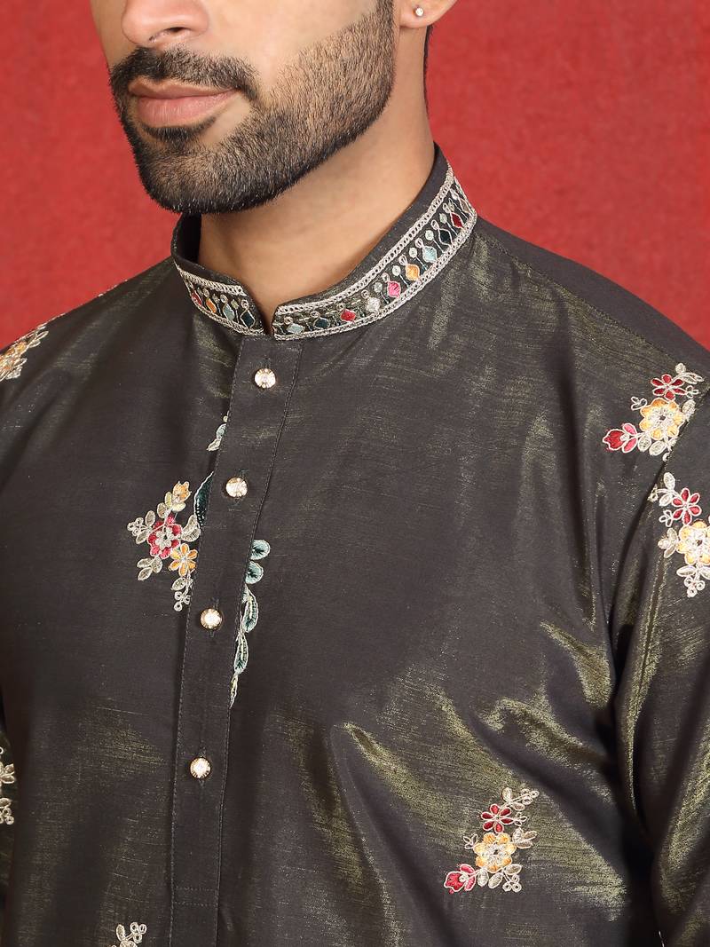 ethnic cotton silk multi embroidered detailed daman work green kurta