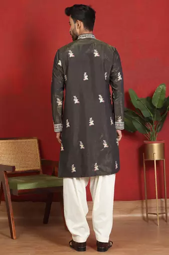 ethnic cotton silk multi embroidered detailed daman work green kurta
