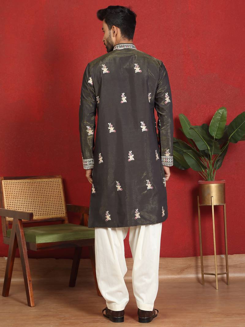 ethnic cotton silk multi embroidered detailed daman work green kurta