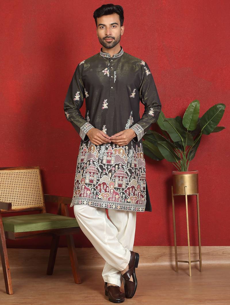 ethnic cotton silk multi embroidered detailed daman work green kurta