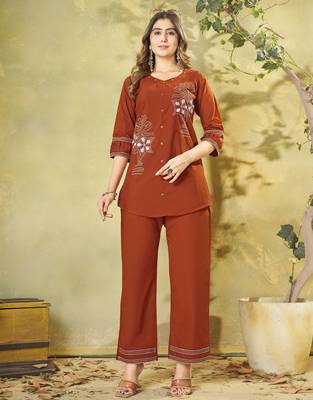 Orange pure cotton embroidered co-ord set 1