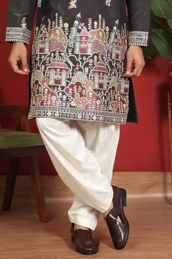 ethnic cotton silk multi embroidered detailed daman work green kurta