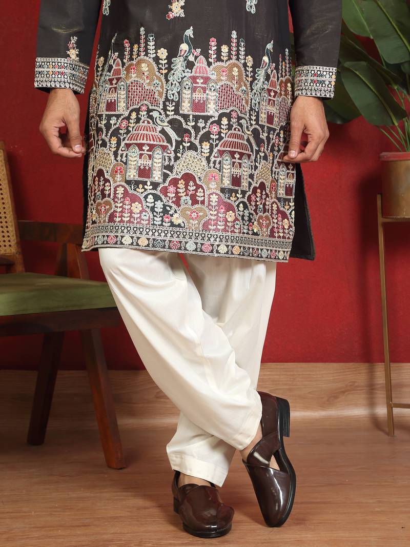 ethnic cotton silk multi embroidered detailed daman work green kurta