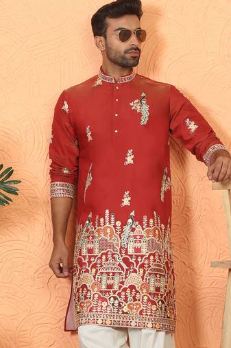ethnic cotton silk multi embroidered detailed daman work red kurta