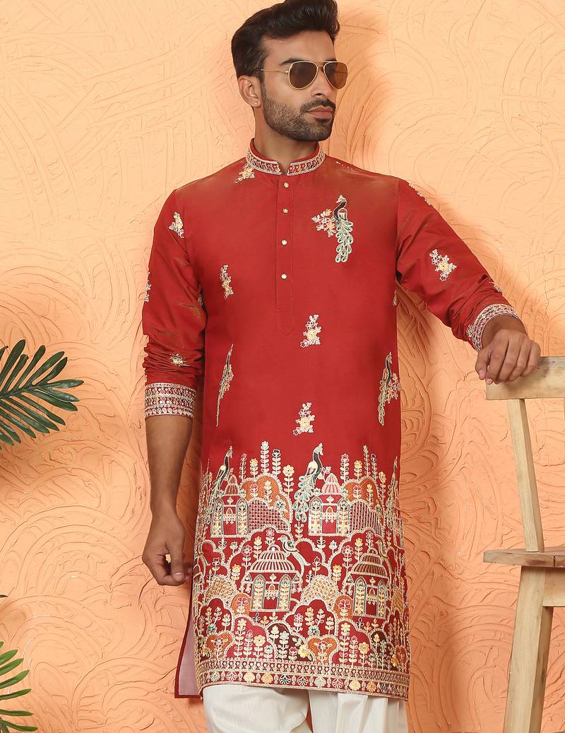 ethnic cotton silk multi embroidered detailed daman work red kurta