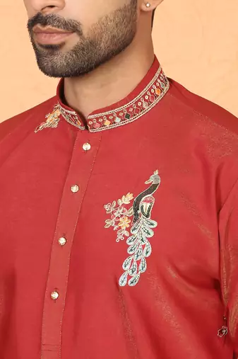 ethnic cotton silk multi embroidered detailed daman work red kurta