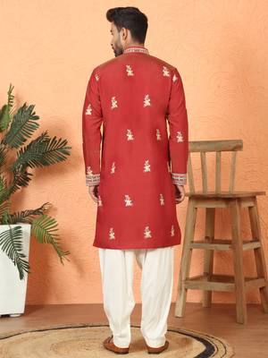 ethnic cotton silk multi embroidered detailed daman work red kurta 3