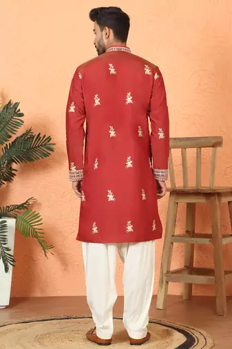 ethnic cotton silk multi embroidered detailed daman work red kurta