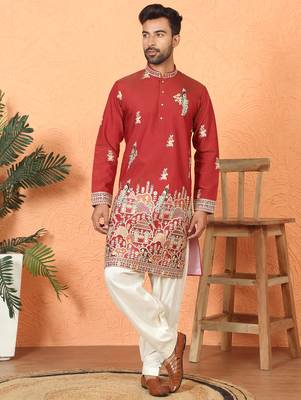 ethnic cotton silk multi embroidered detailed daman work red kurta 4