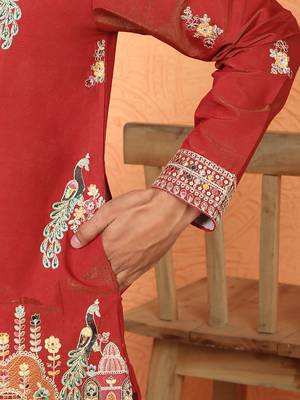 ethnic cotton silk multi embroidered detailed daman work red kurta 5
