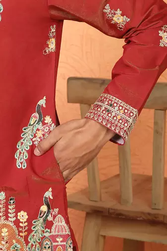 ethnic cotton silk multi embroidered detailed daman work red kurta