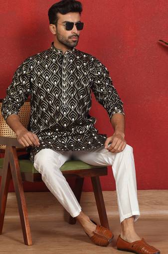 ethnic cotton silk embroidered thread work black kurta