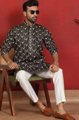 ethnic cotton silk embroidered thread work black kurta