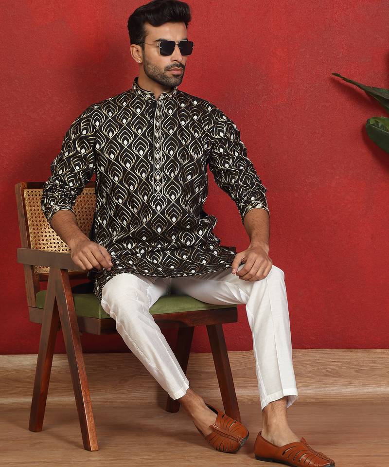 ethnic cotton silk embroidered thread work black kurta