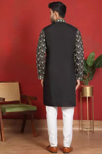 ethnic cotton silk embroidered thread work black kurta