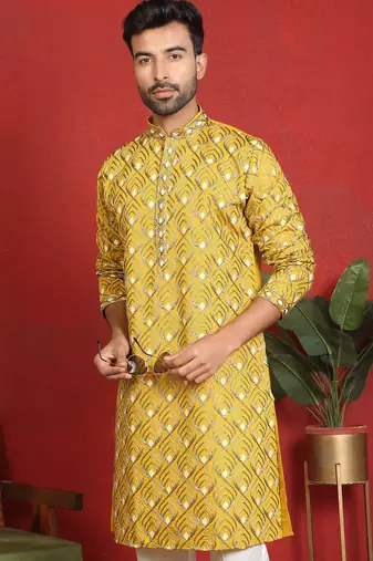 ethnic cotton silk embroidered thread work mustard kurta
