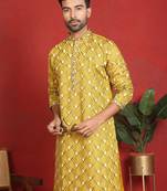 ethnic cotton silk embroidered thread work mustard kurta
