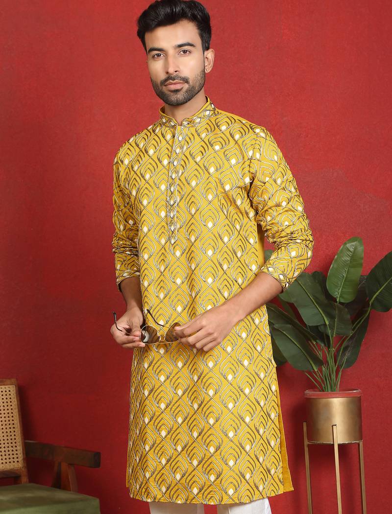 ethnic cotton silk embroidered thread work mustard kurta