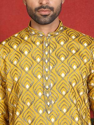 ethnic cotton silk embroidered thread work mustard kurta 2