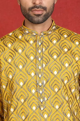 ethnic cotton silk embroidered thread work mustard kurta