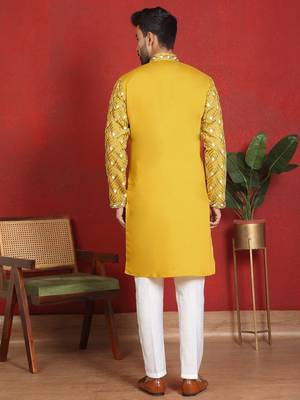 ethnic cotton silk embroidered thread work mustard kurta 3