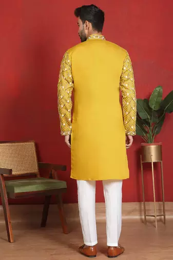 ethnic cotton silk embroidered thread work mustard kurta