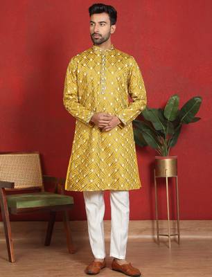 ethnic cotton silk embroidered thread work mustard kurta 4