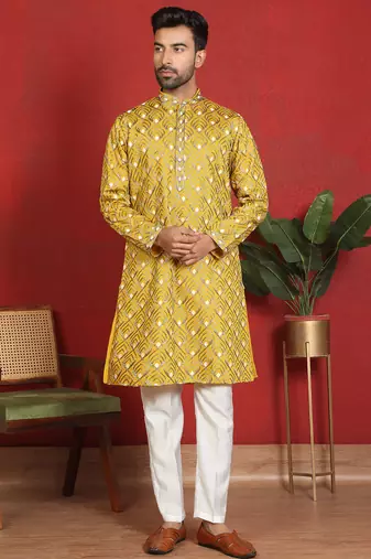 ethnic cotton silk embroidered thread work mustard kurta
