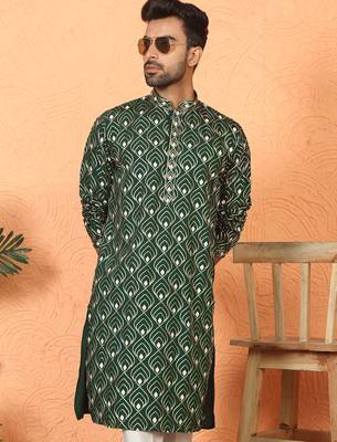 ethnic cotton silk embroidered thread work olive green kurta 1