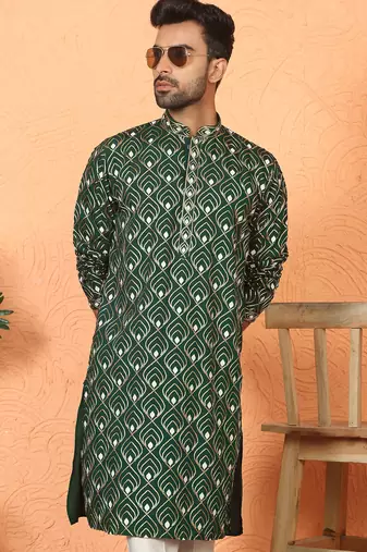 ethnic cotton silk embroidered thread work olive green kurta