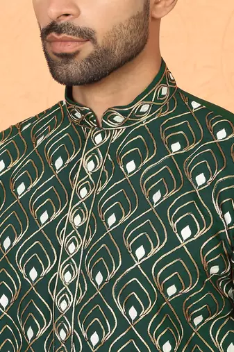 ethnic cotton silk embroidered thread work olive green kurta