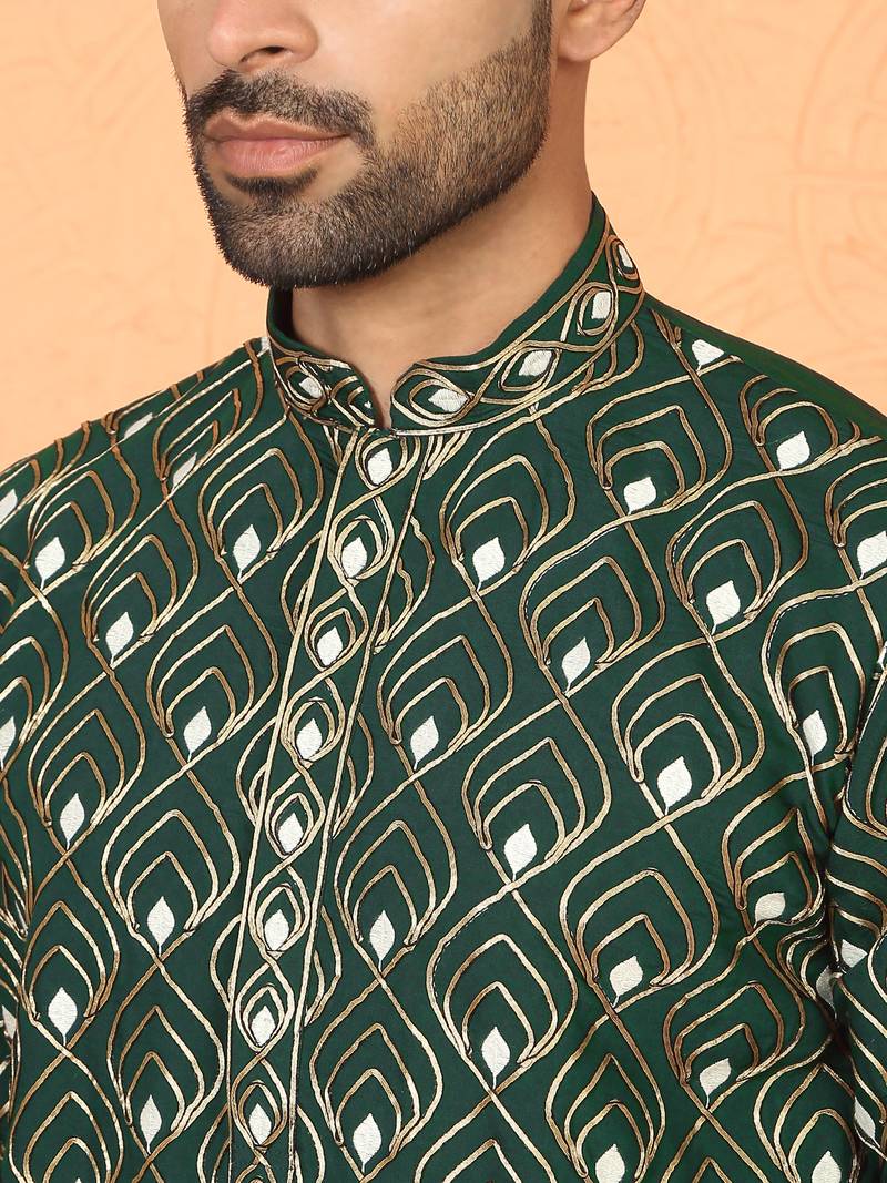 ethnic cotton silk embroidered thread work olive green kurta