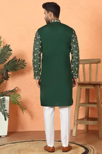 ethnic cotton silk embroidered thread work olive green kurta