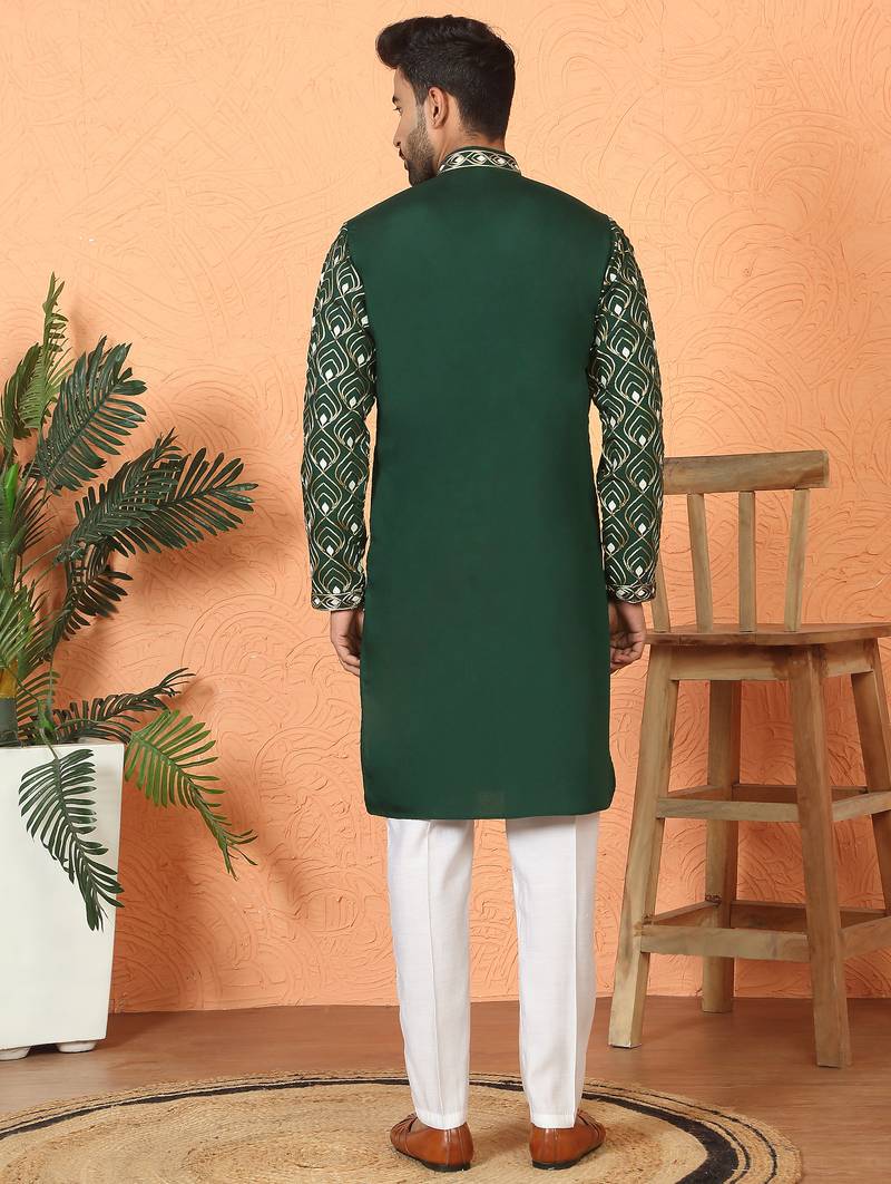 ethnic cotton silk embroidered thread work olive green kurta