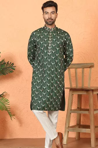ethnic cotton silk embroidered thread work olive green kurta