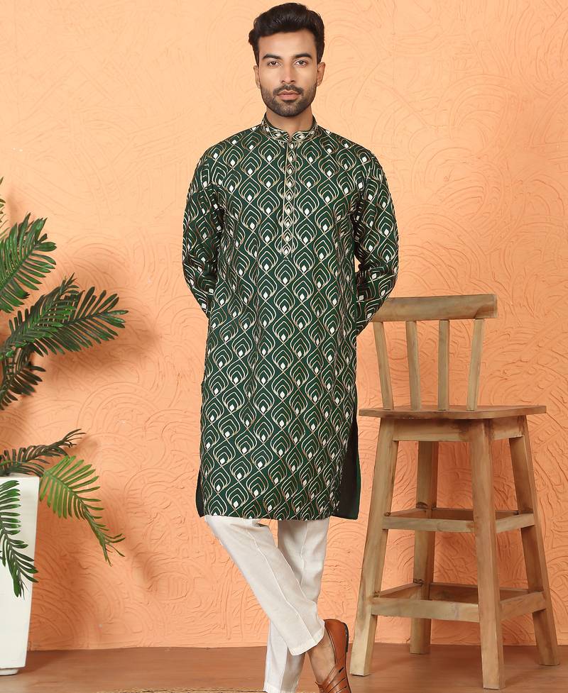 ethnic cotton silk embroidered thread work olive green kurta