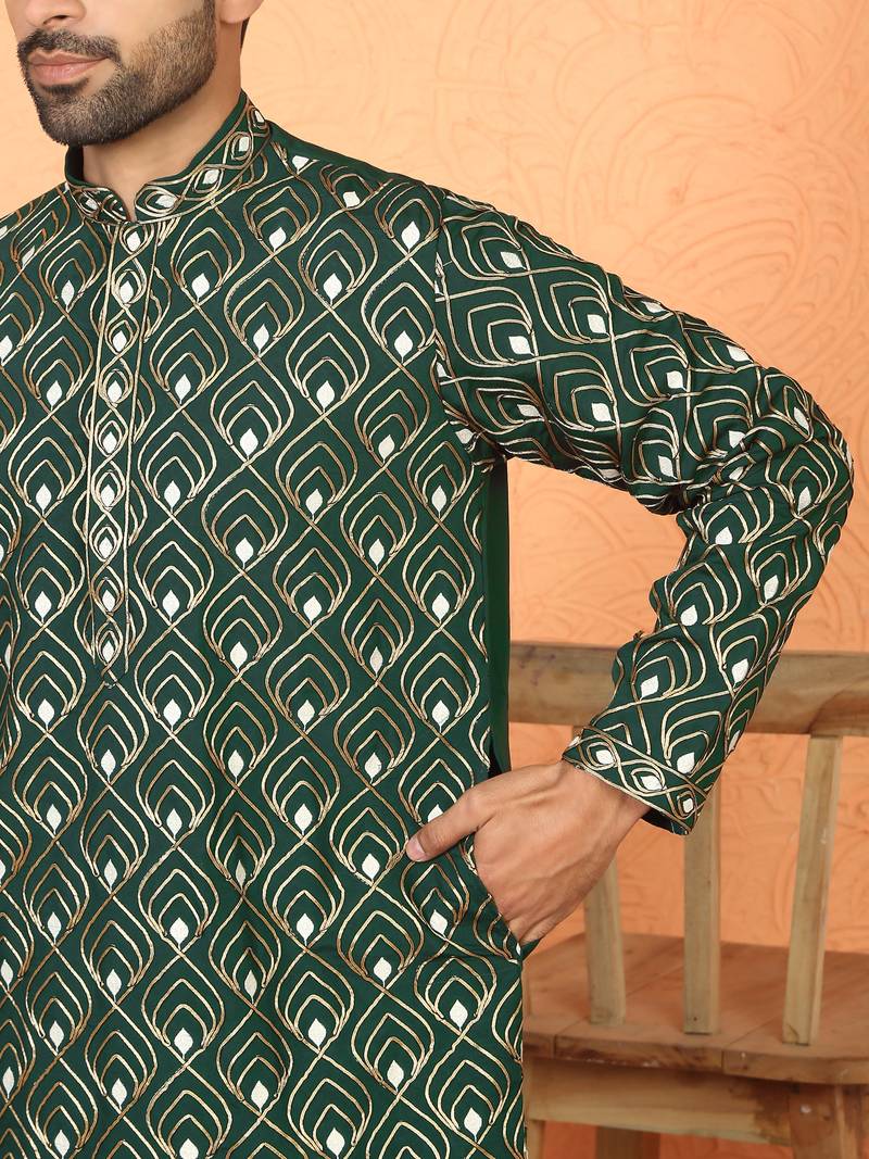 ethnic cotton silk embroidered thread work olive green kurta
