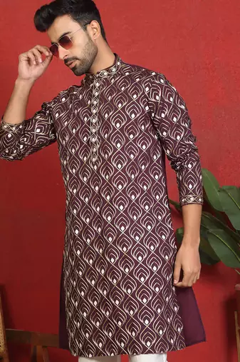 ethnic cotton silk embroidered thread work wine kurta