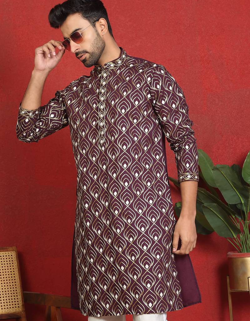 ethnic cotton silk embroidered thread work wine kurta