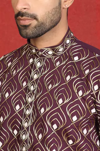 ethnic cotton silk embroidered thread work wine kurta