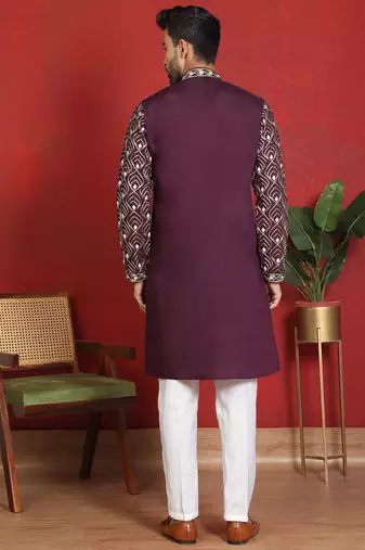 ethnic cotton silk embroidered thread work wine kurta