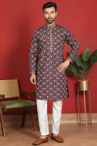ethnic cotton silk embroidered thread work wine kurta